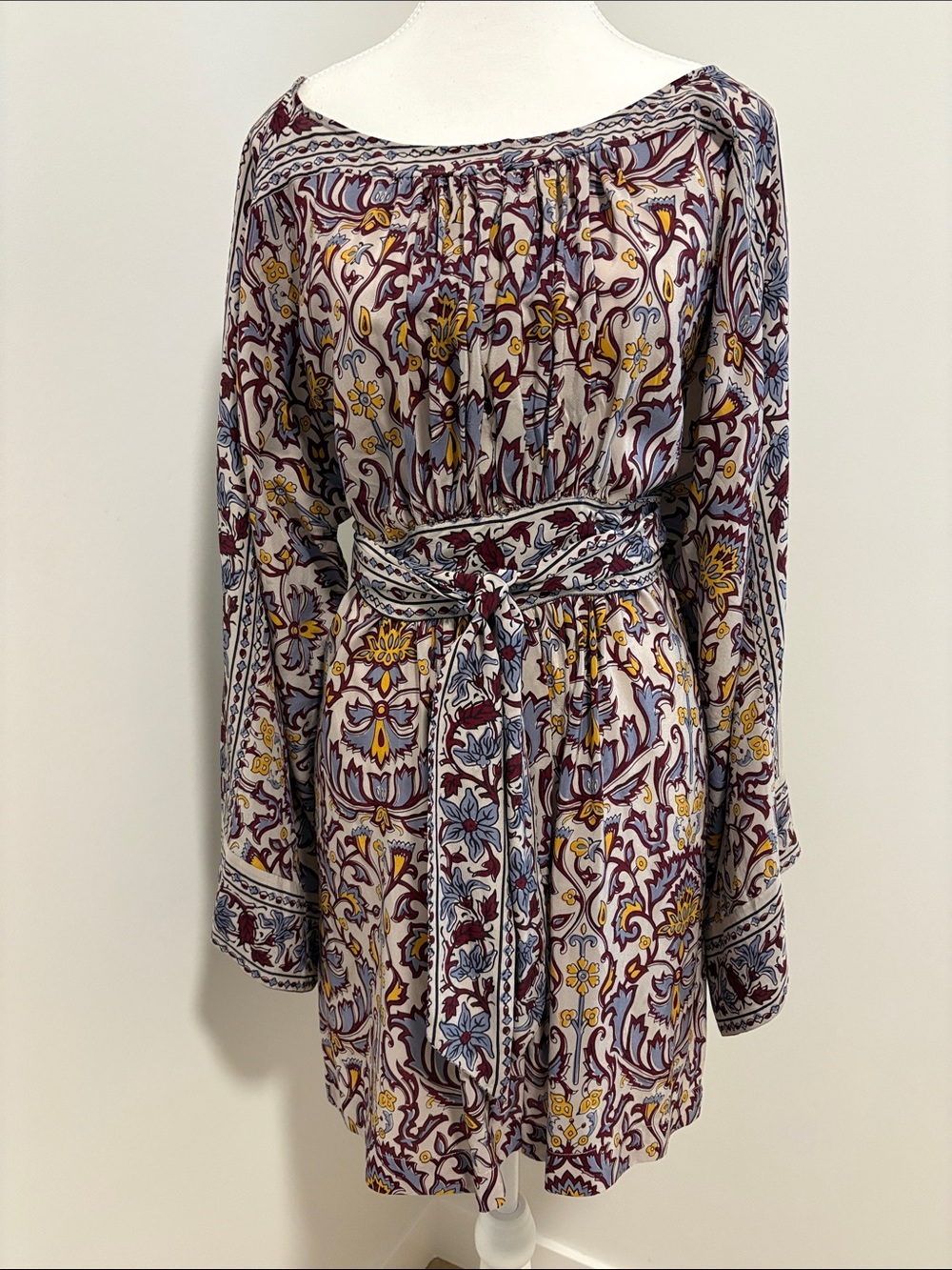 Joie Long-Sleeve Floral Paisley Belted Tunic Dress in Burgundy, Blue & Yellow